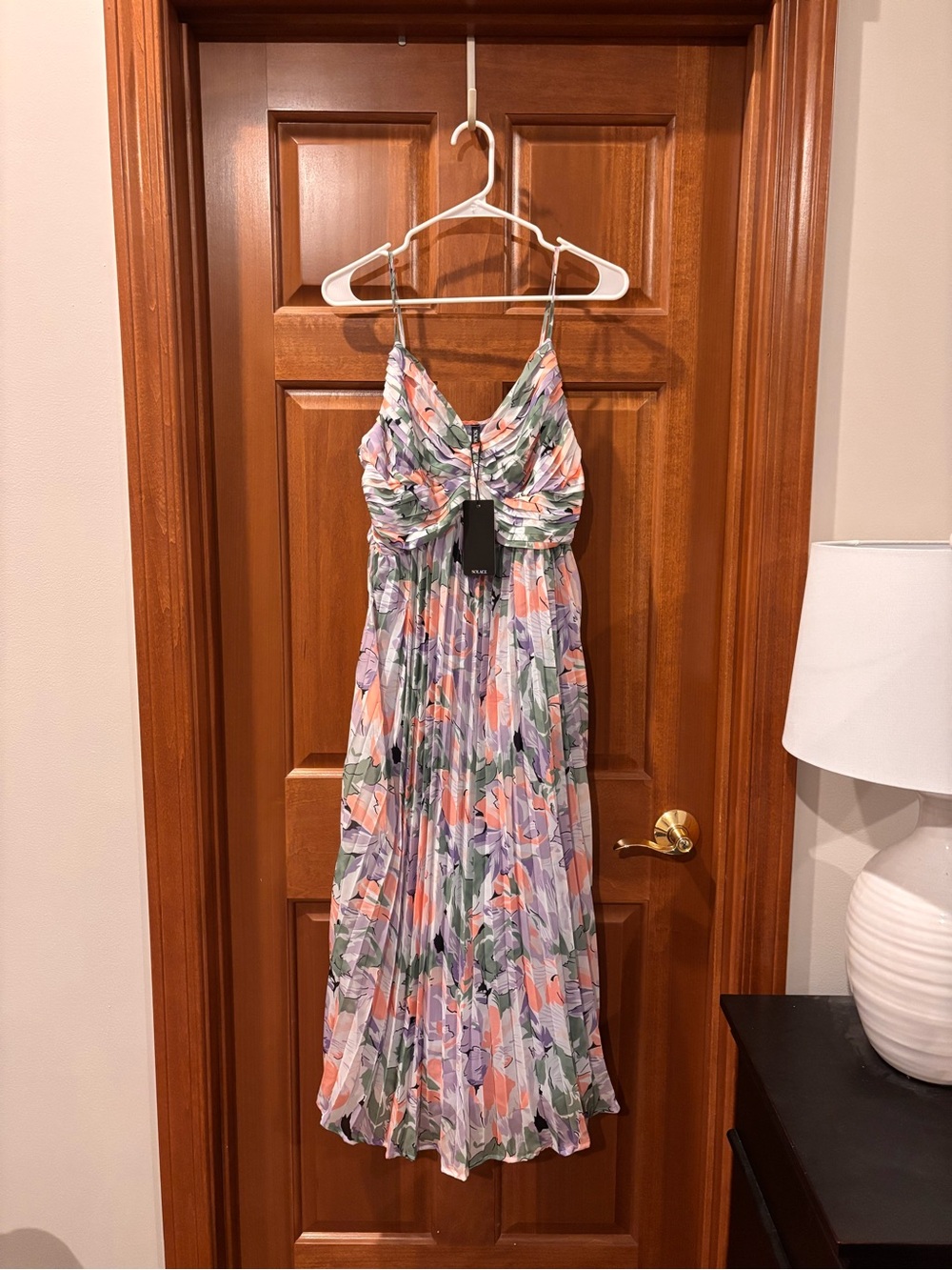 Solace London Pastel Floral Pleated Midi Dress - Lavender, Peach & Green